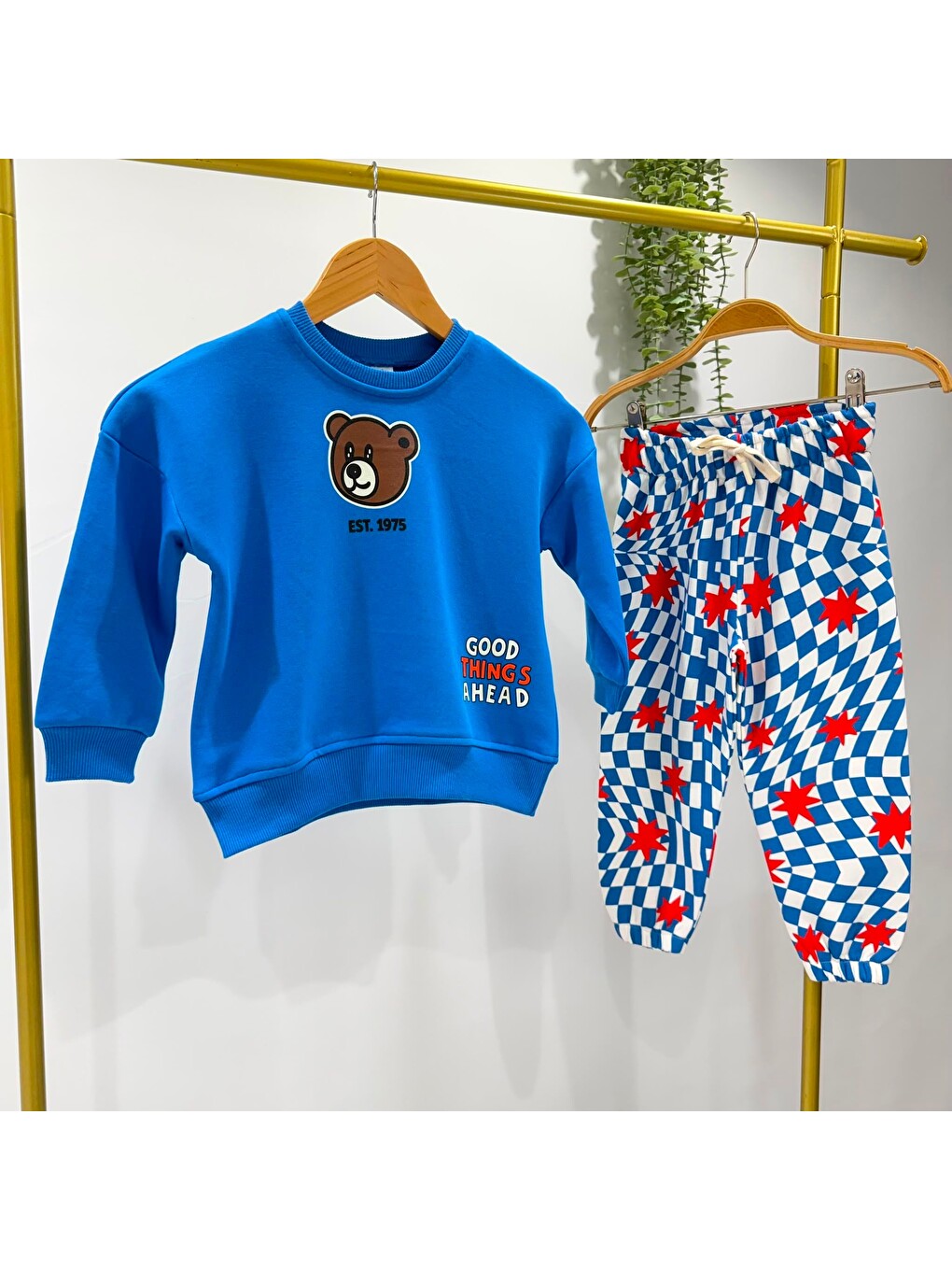 Karışık Çocuk Ayıcık Baskılı Mavi Sweatshirt Ve Desenli Eşofman Altı Takımı-2