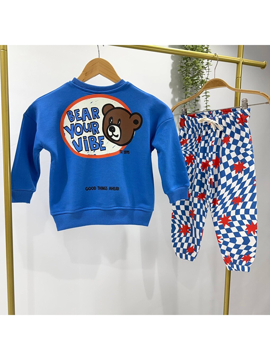 Karışık Çocuk Ayıcık Baskılı Mavi Sweatshirt Ve Desenli Eşofman Altı Takımı-3