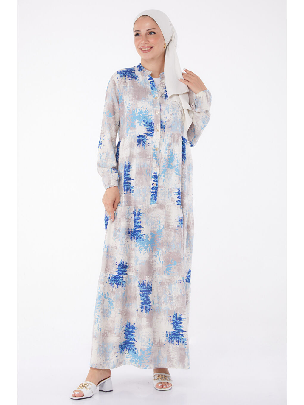 Mavi Düğmeli Desenli Elbise Saks - 26045