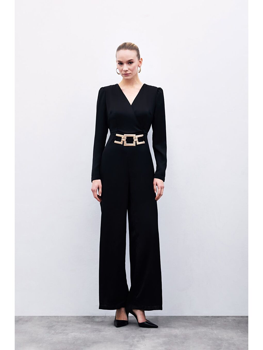 Sabit Kemerli Saten Tulum - Siyah-1