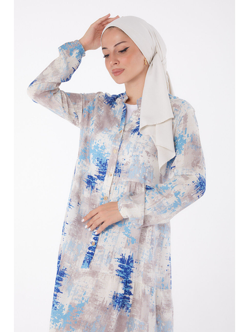 Mavi Düğmeli Desenli Elbise Saks - 26045-1