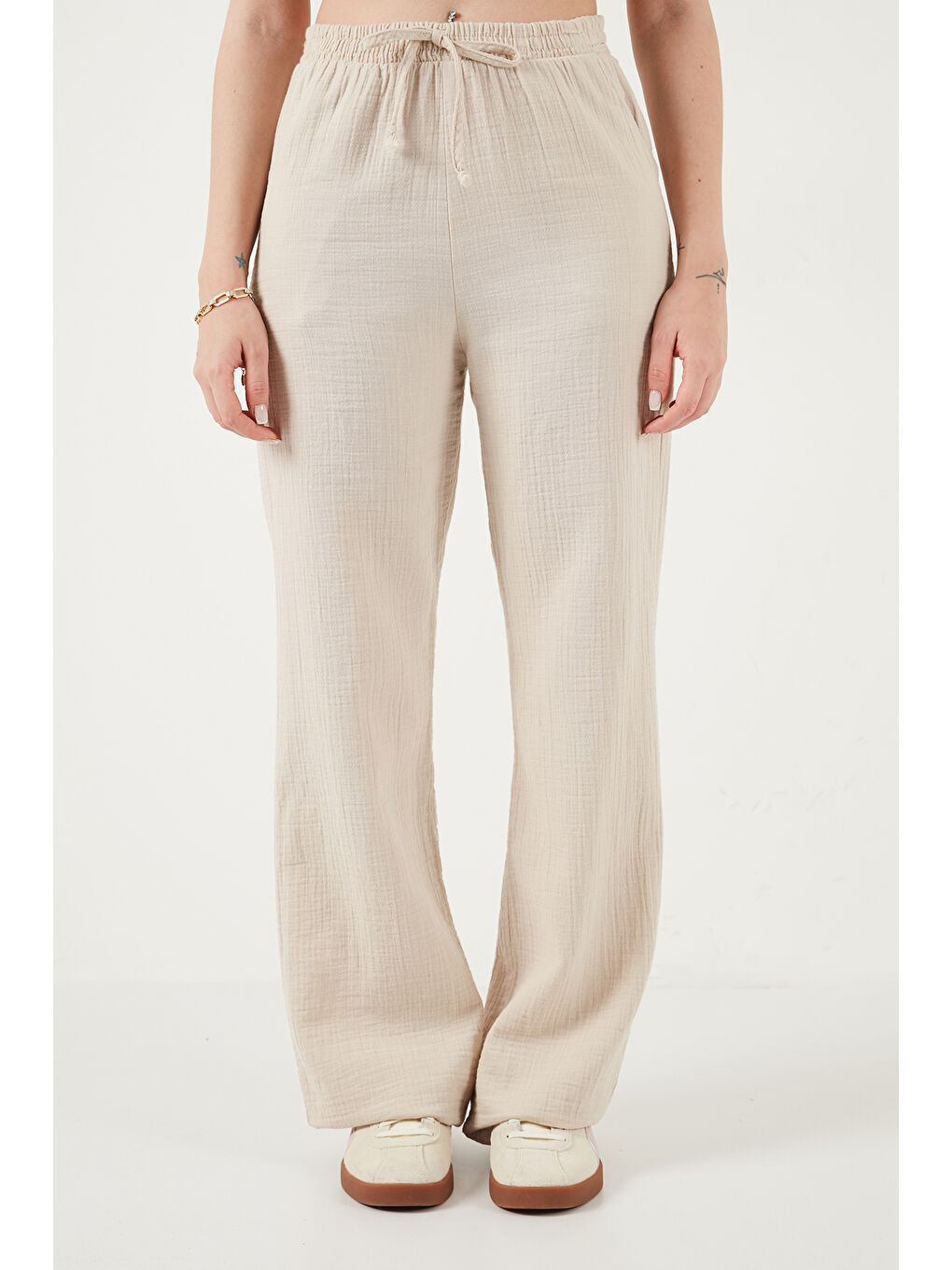 Bej Pamuklu Bağlamalı Relaxed Fit Yüksek Bel Geniş Paça Kadın Müslim Pantolon 5866663-4