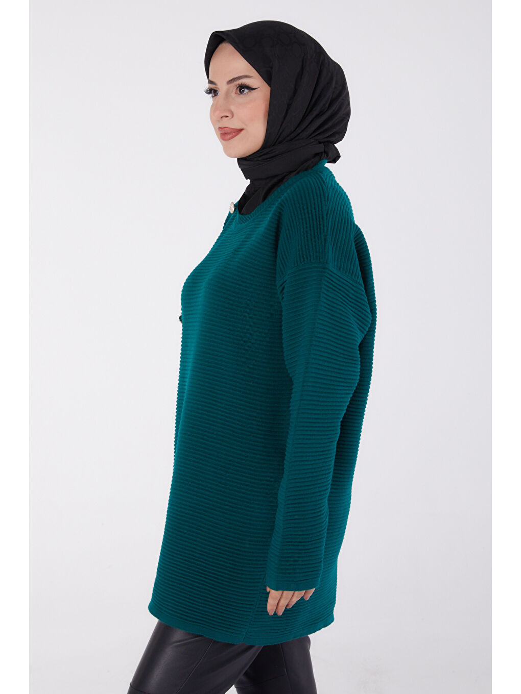 Yeşil Fitilli Düğmeli Triko Kazak Zumrut - 27636-3