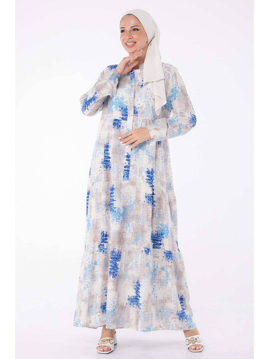 Mavi Düğmeli Desenli Elbise Saks - 26045-2