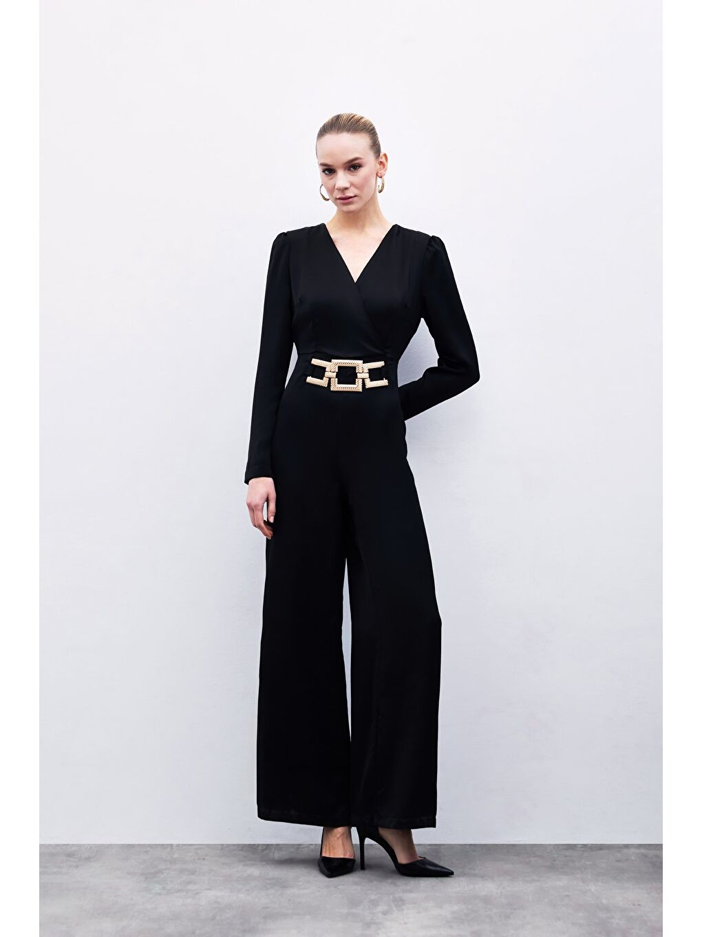 Sabit Kemerli Saten Tulum - Siyah-3