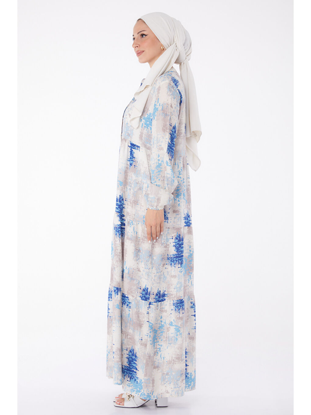 Mavi Düğmeli Desenli Elbise Saks - 26045-3