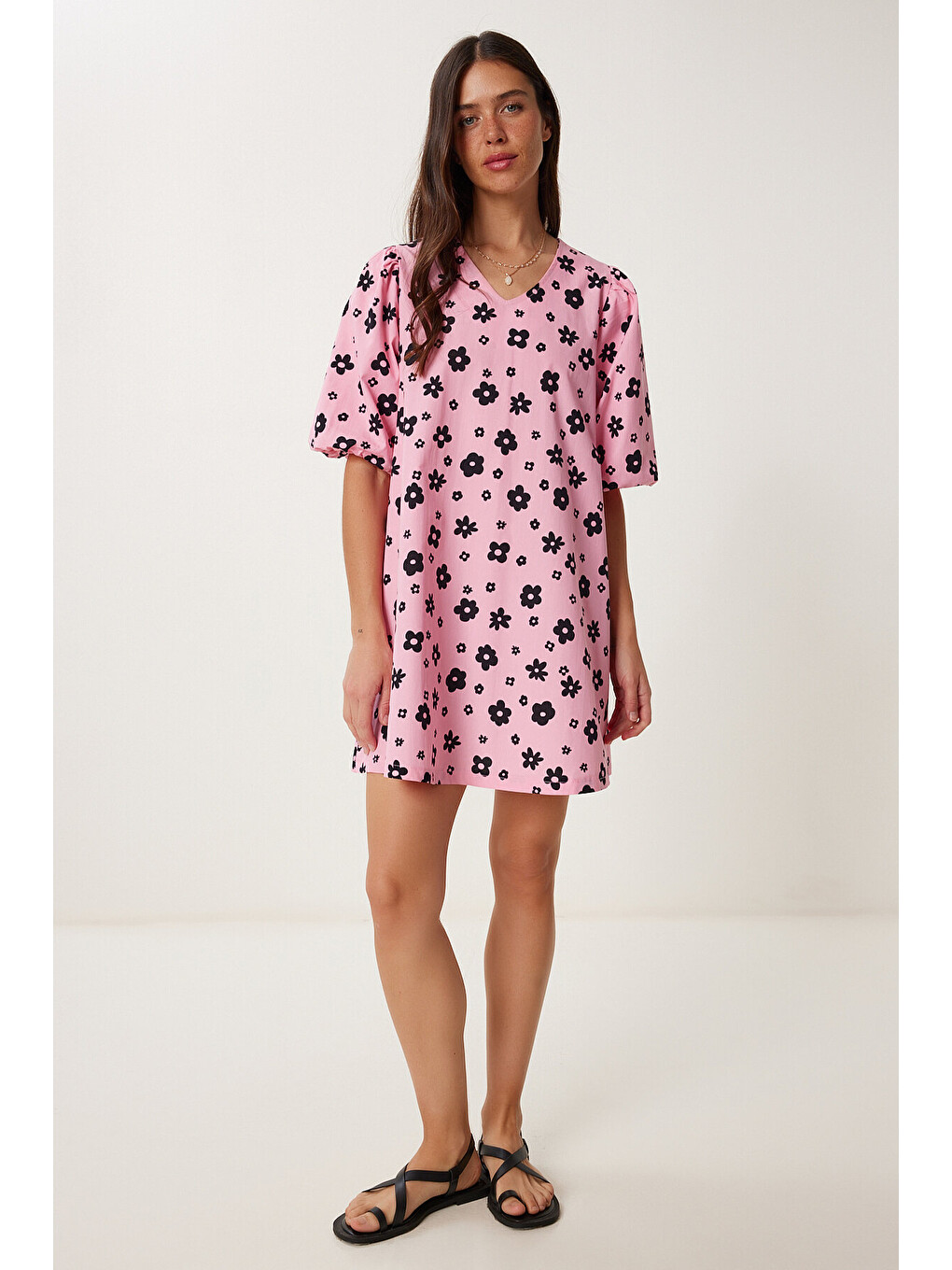 Pembe Balon Kollu Desenli Poplin Elbise PEMBE SİYAH LRC0004