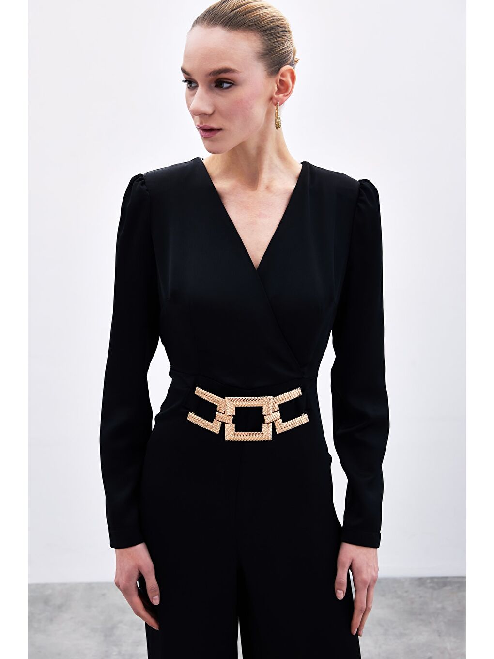 Sabit Kemerli Saten Tulum - Siyah-4