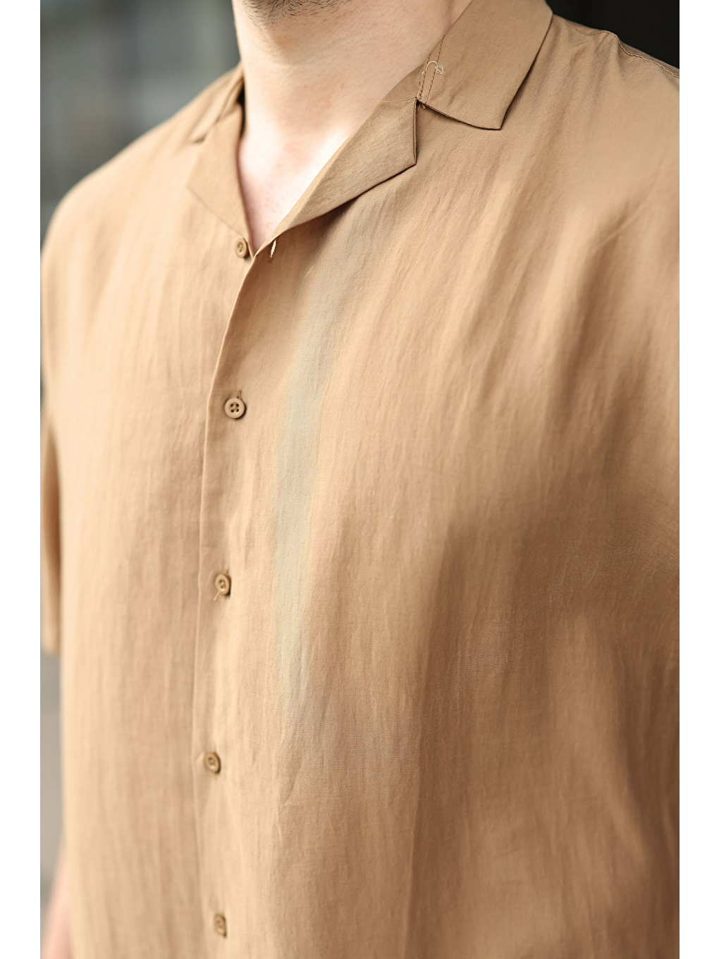 Kahverengi Camel Kumaş Erkek Şort Gömlek Takım E7352-2