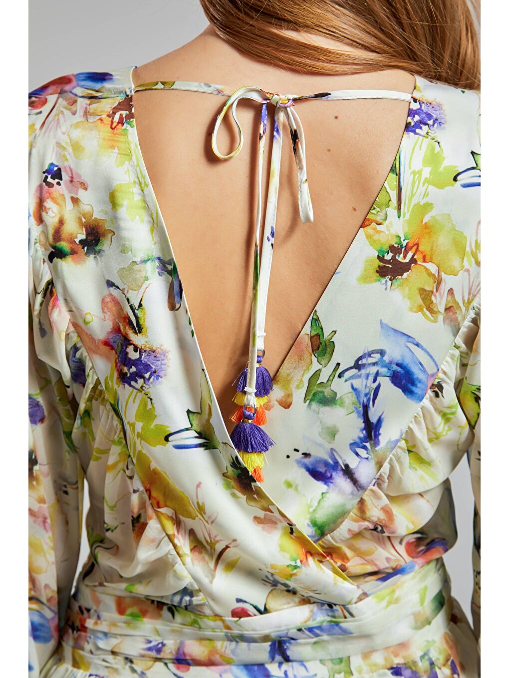 Mavi Kadın Baskılı Renk İpek Kumaş Çiçek Desenli Tasarım Elbise-2