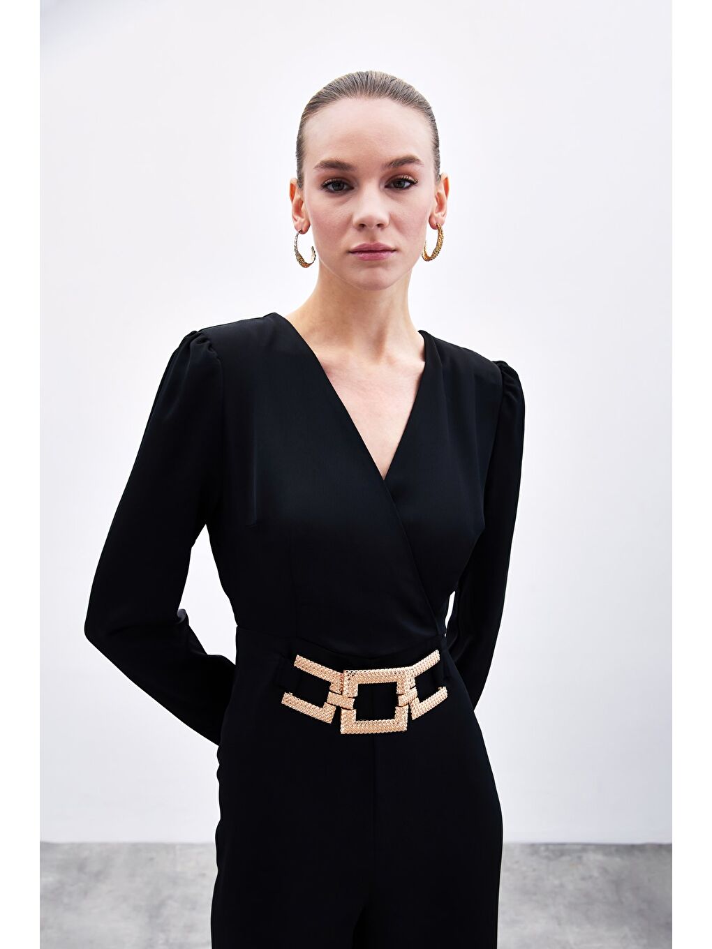 Sabit Kemerli Saten Tulum - Siyah-5