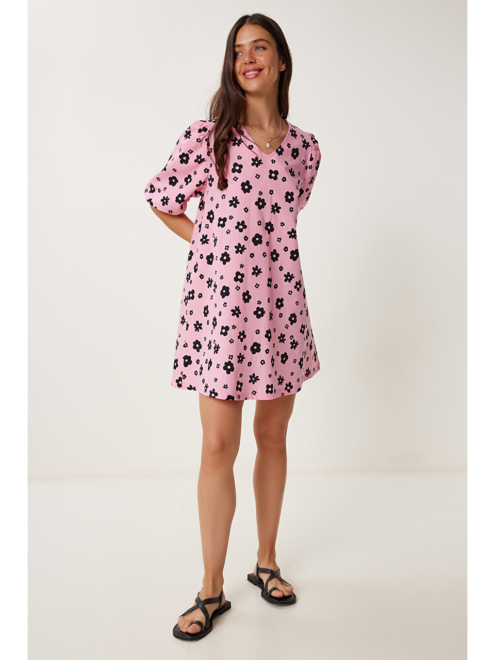 Pembe Balon Kollu Desenli Poplin Elbise PEMBE SİYAH LRC0004-1