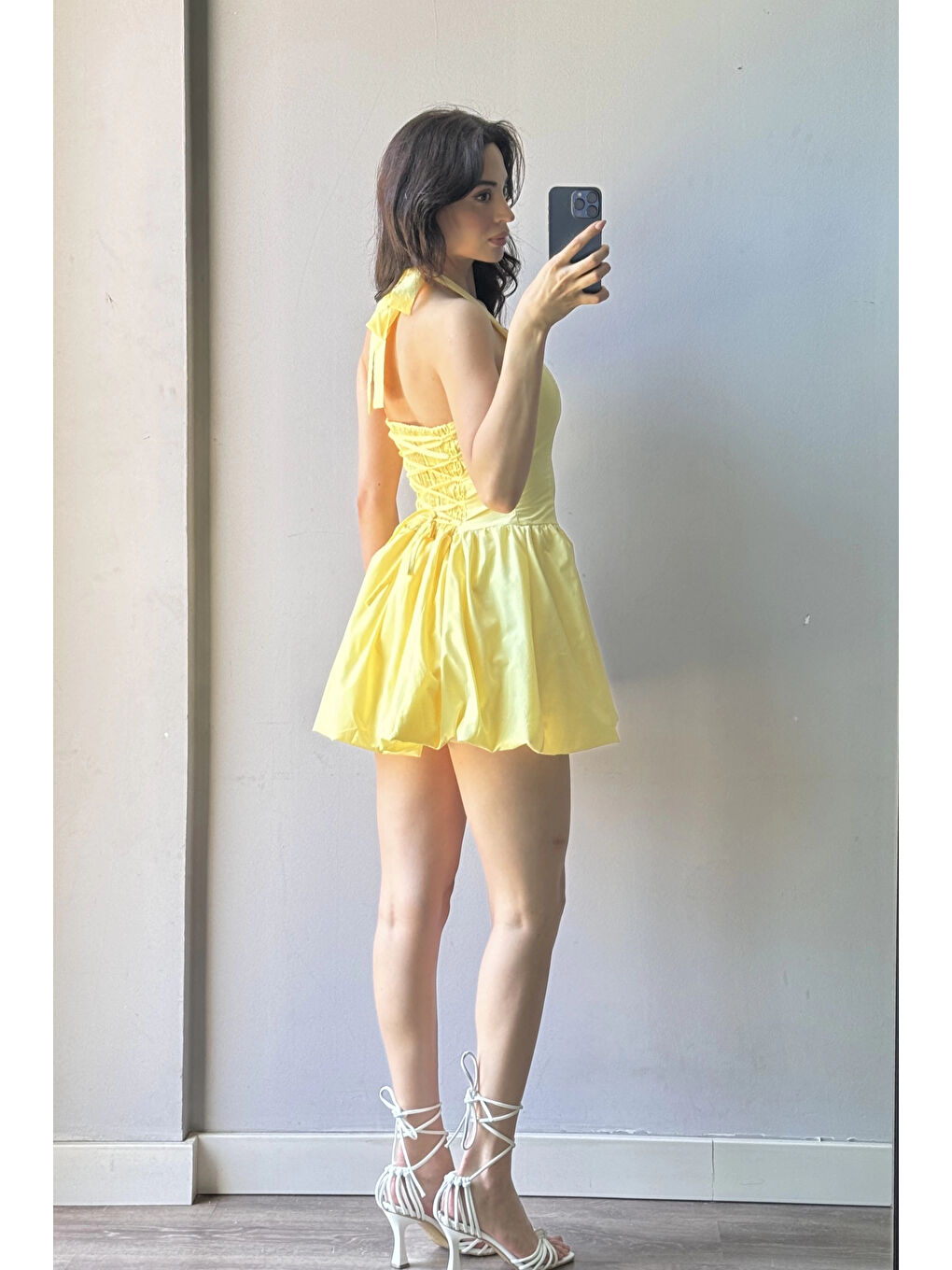 Kadın Sarı Bağlamalı Sırt Gipeli Balon Elbise 1026-221709-2