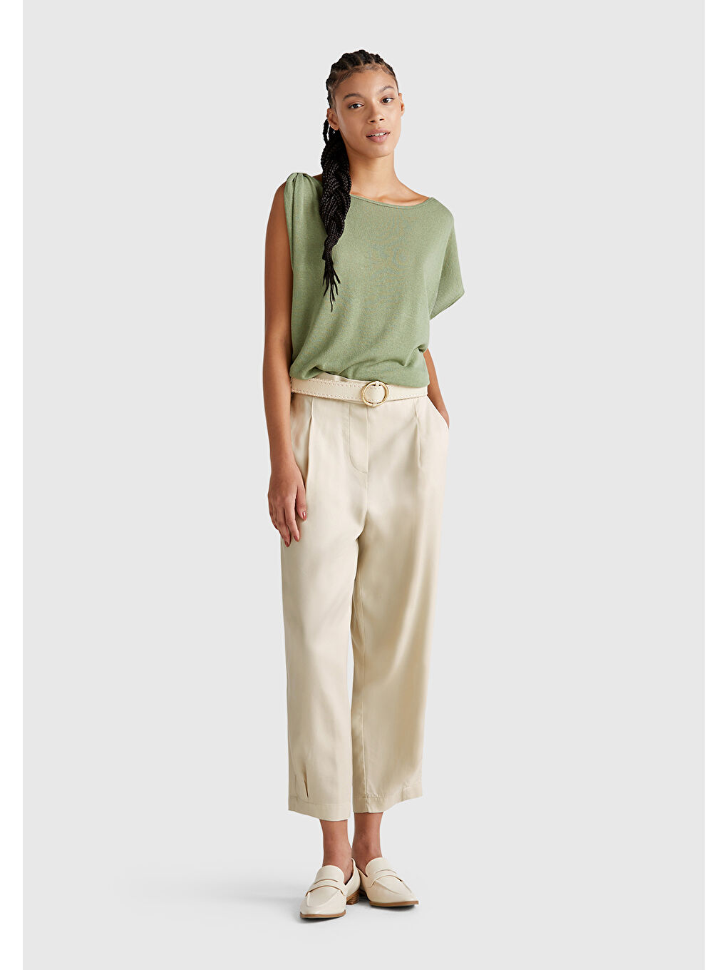 Bej Kadın Taş Rengi %100 Liyosel Beli Lastikli Balon Fit Pantolon-4