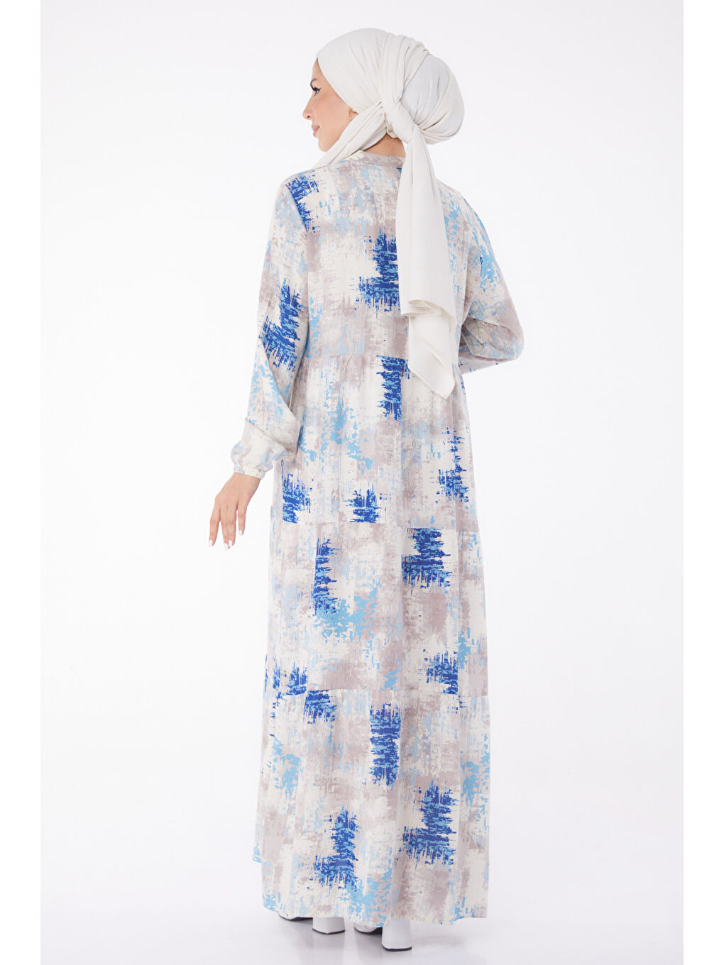 Mavi Düğmeli Desenli Elbise Saks - 26045-4