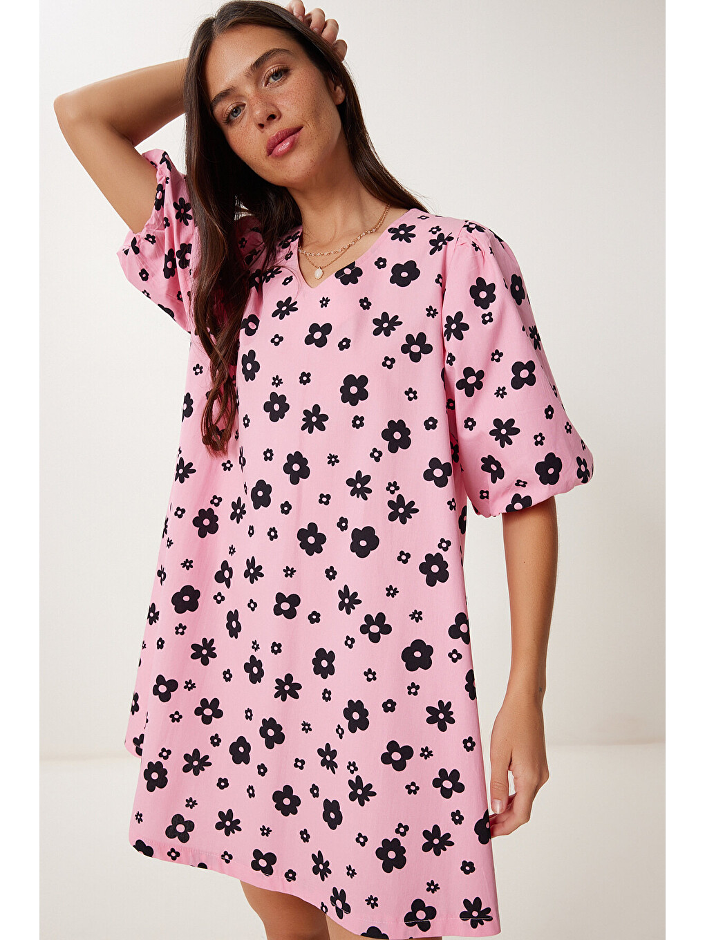Pembe Balon Kollu Desenli Poplin Elbise PEMBE SİYAH LRC0004-2