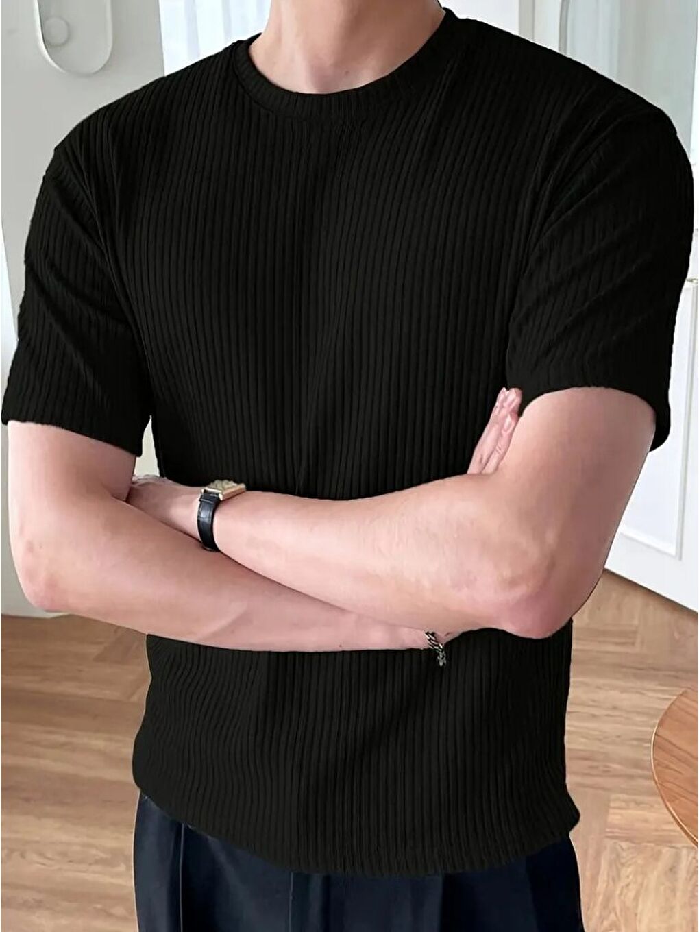 Siyah Erkek Kısa Kollu Bisiklet Yaka Triko Tişört-4