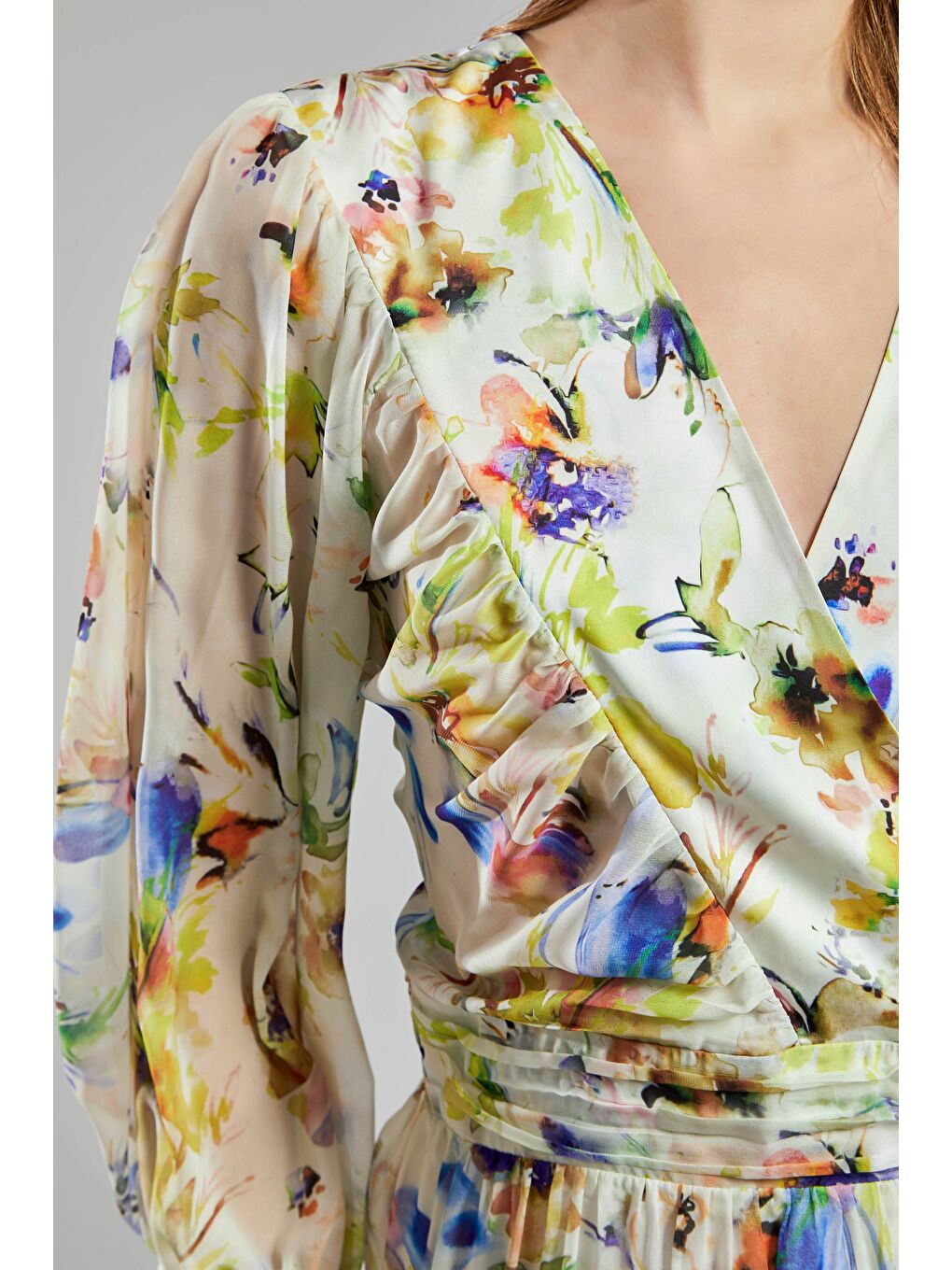 Mavi Kadın Baskılı Renk İpek Kumaş Çiçek Desenli Tasarım Elbise-3