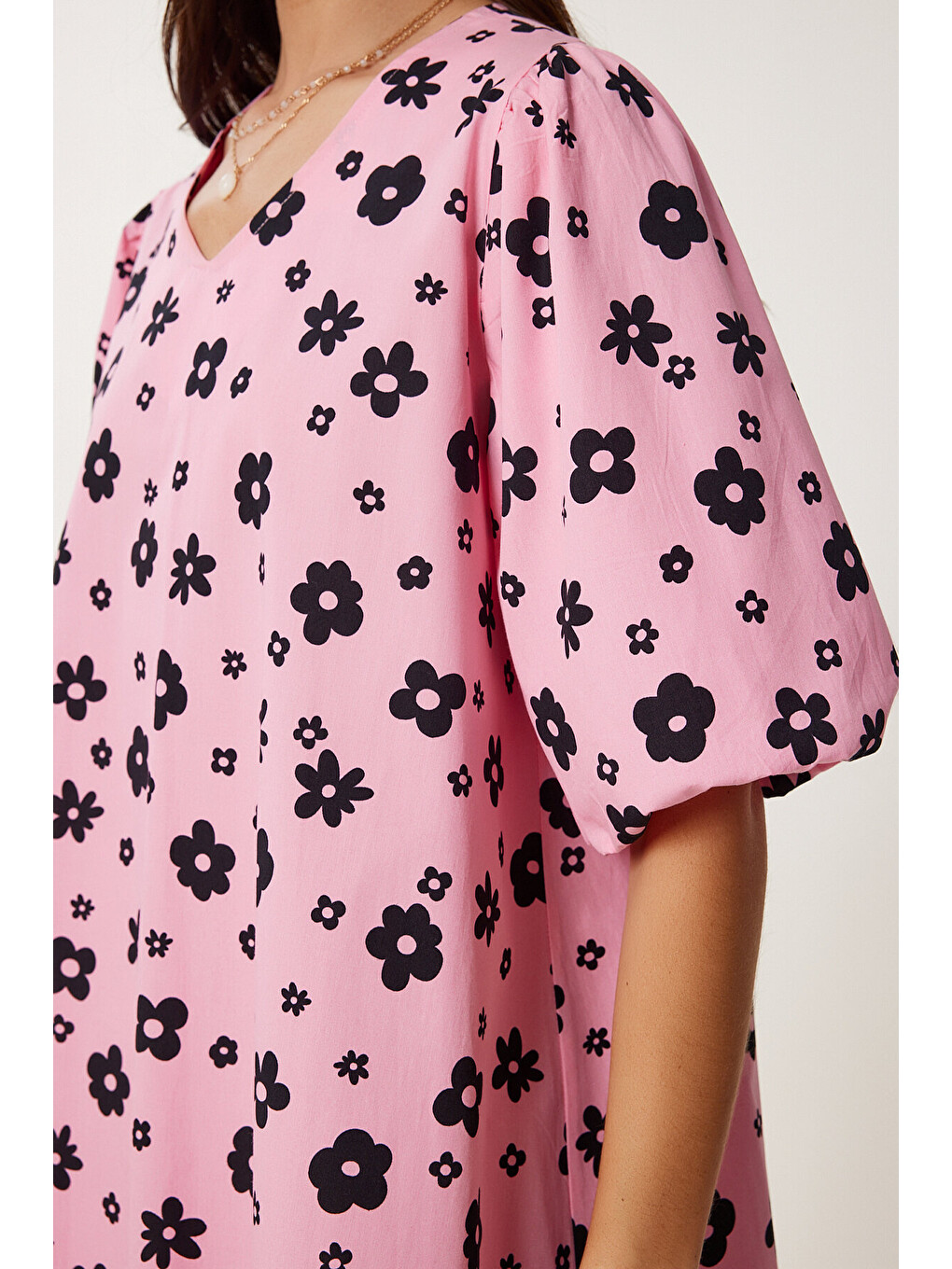 Pembe Balon Kollu Desenli Poplin Elbise PEMBE SİYAH LRC0004-3