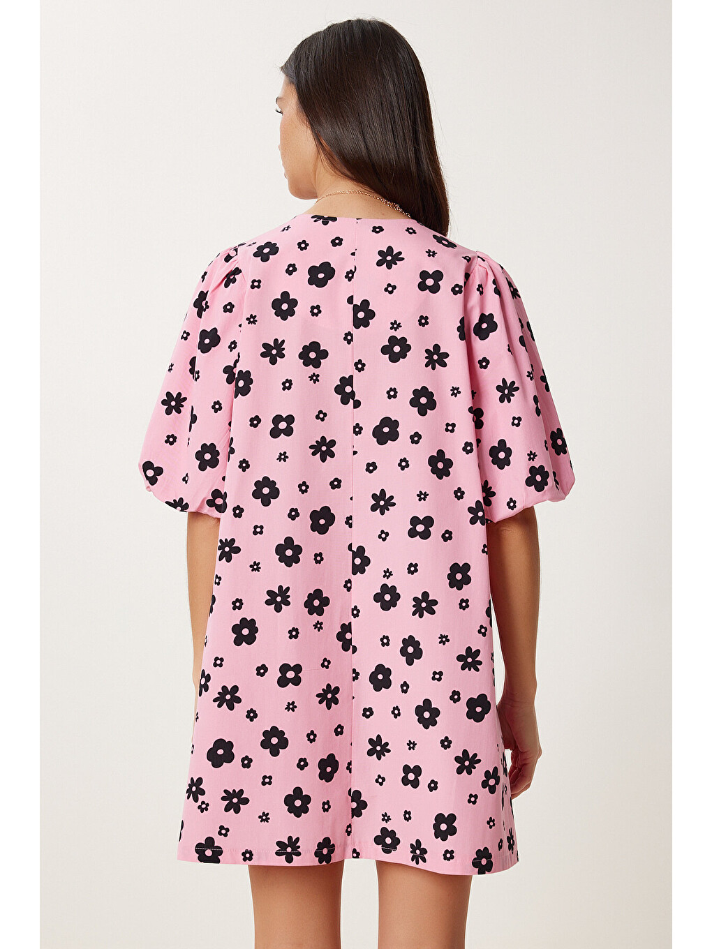 Pembe Balon Kollu Desenli Poplin Elbise PEMBE SİYAH LRC0004-4