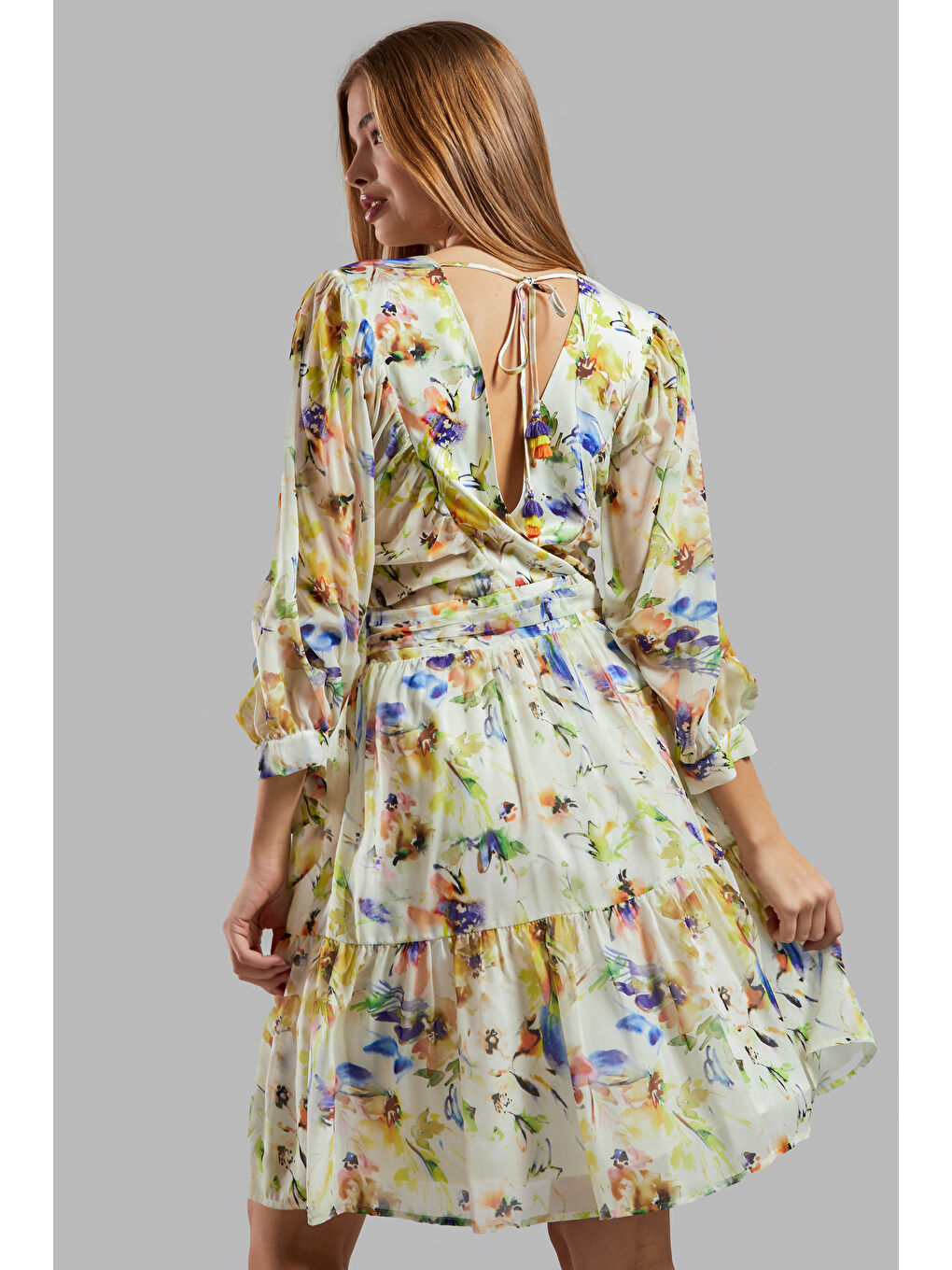 Mavi Kadın Baskılı Renk İpek Kumaş Çiçek Desenli Tasarım Elbise-4