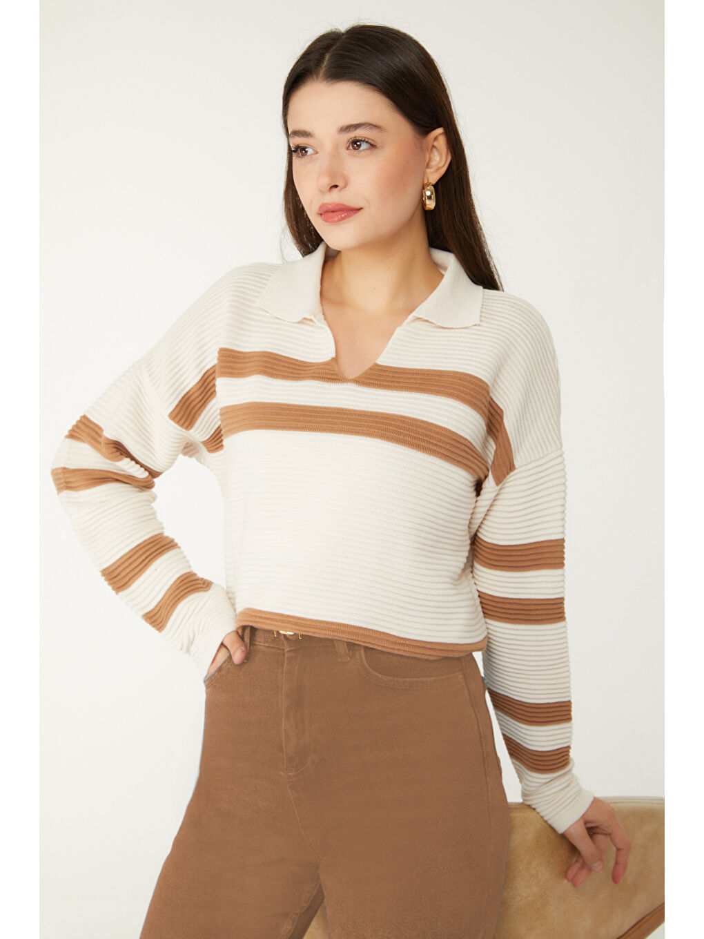 Çizgili Fitilli Trkio Kazak Ekru - 27634-3