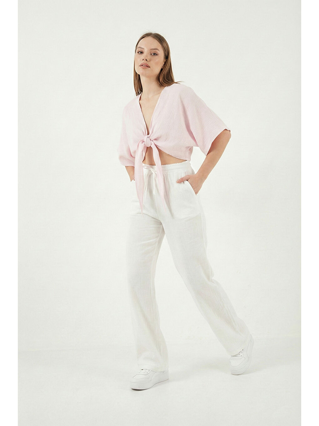 Ekru Pamuklu Bağlamalı Relaxed Fit Yüksek Bel Geniş Paça Kadın Müslim Pantolon 5866663-2