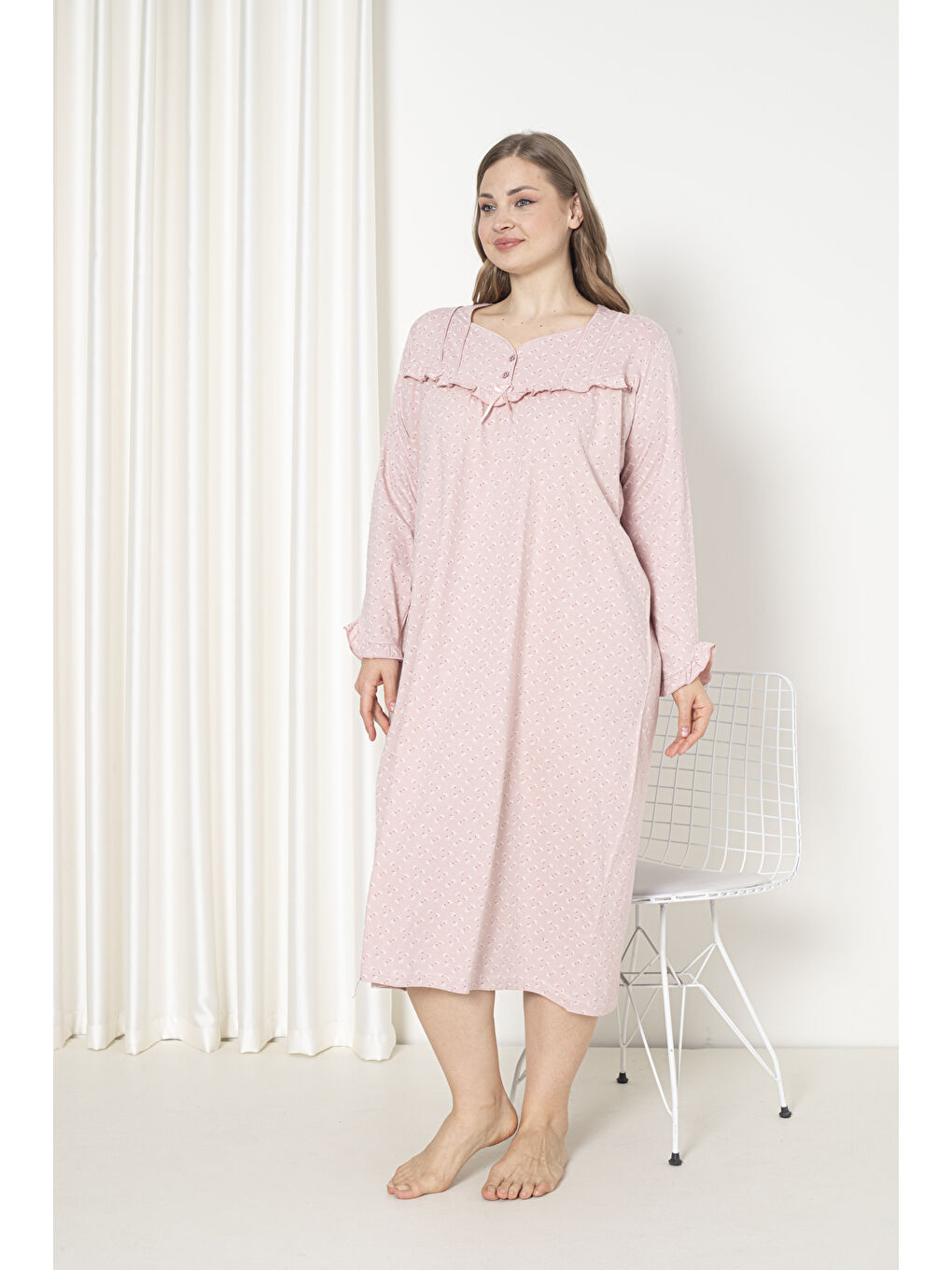 Pembe %100 Pamuklu Mevsimlik Uzun Kol Penye Büyük Beden Anne Gecelik 180-2