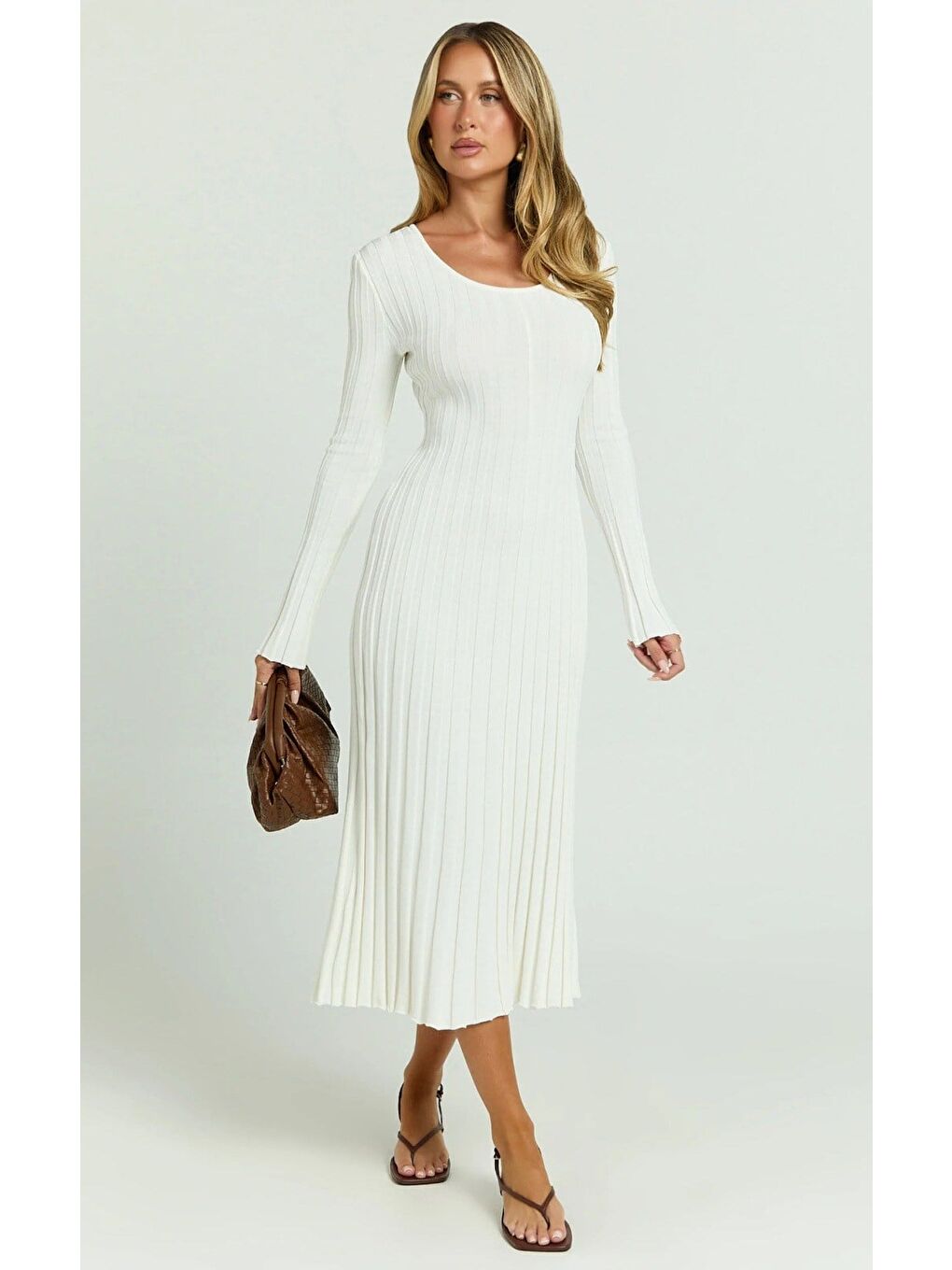 Beyaz Vücuda Oturan Fitilli Triko Midi Kadın Elbise Mg2691-1