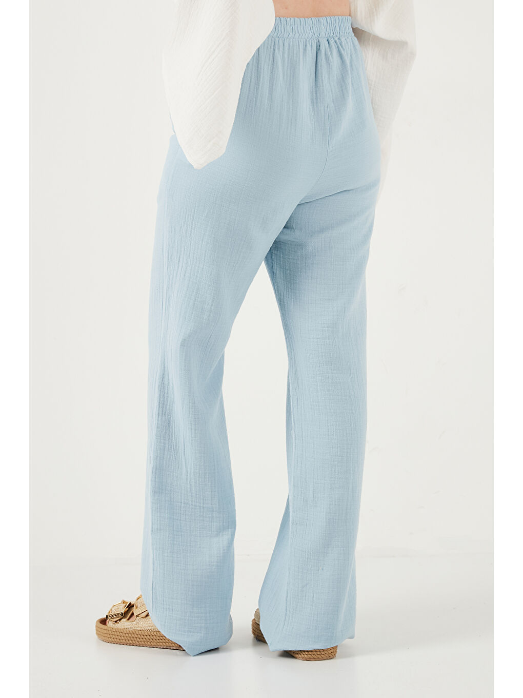 Mavi Pamuklu Bağlamalı Relaxed Fit Yüksek Bel Geniş Paça Kadın Müslim Pantolon 5866663-6