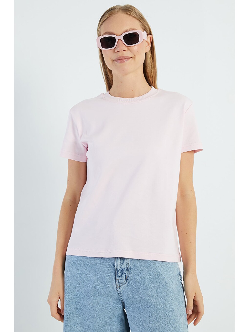 Pembe Basic Bisiklet Yaka Salaş Tişört-1