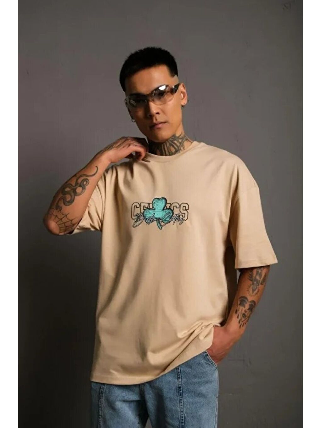 Erkek Sırt Baskılı T-shirt - Bej-1