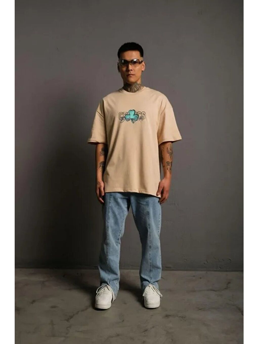 Erkek Sırt Baskılı T-shirt - Bej-3