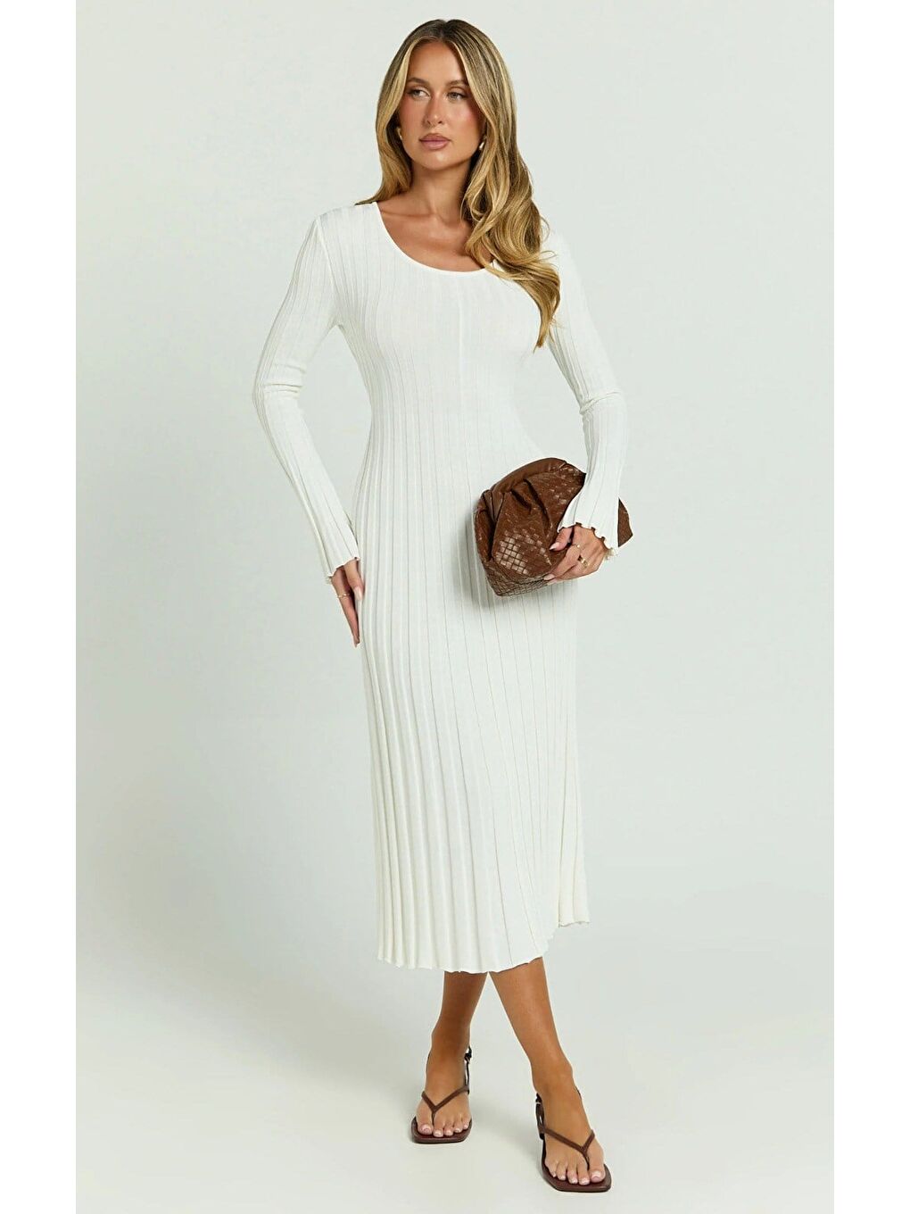 Beyaz Vücuda Oturan Fitilli Triko Midi Kadın Elbise Mg2691-3