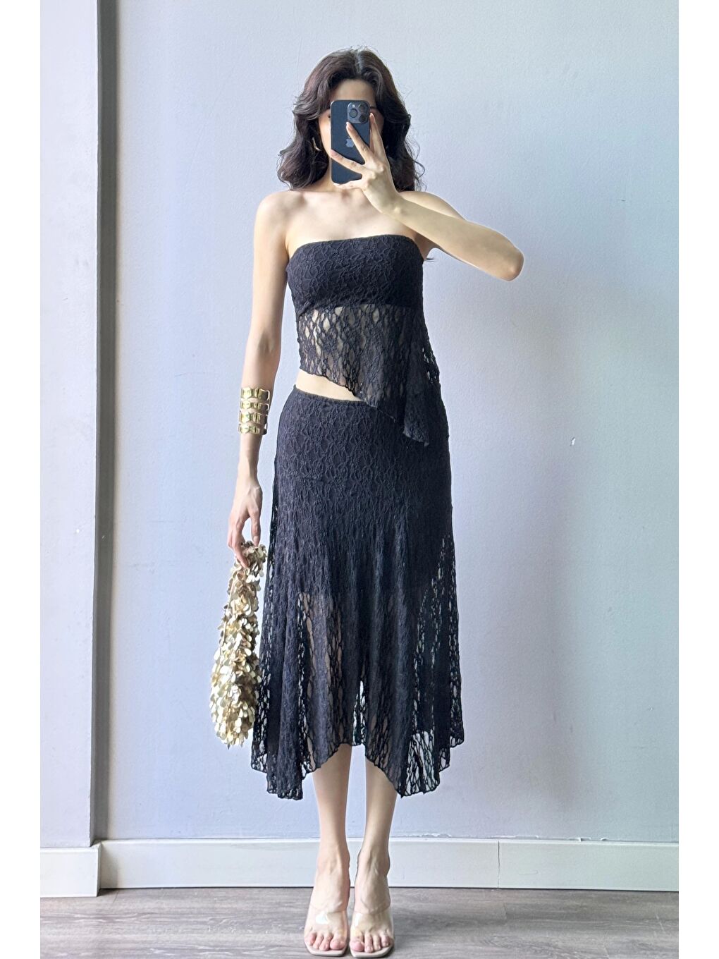 Kadın Siyah Dantel Crop Etek Takım 1026-221725-2