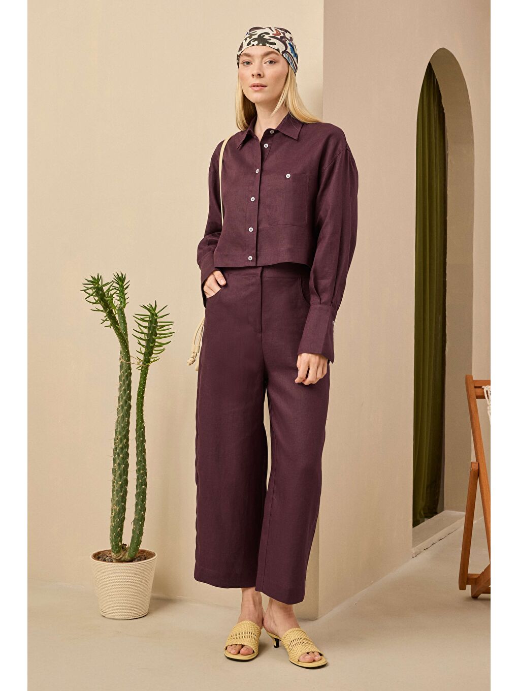 Keten Crop Gömlek Bordo