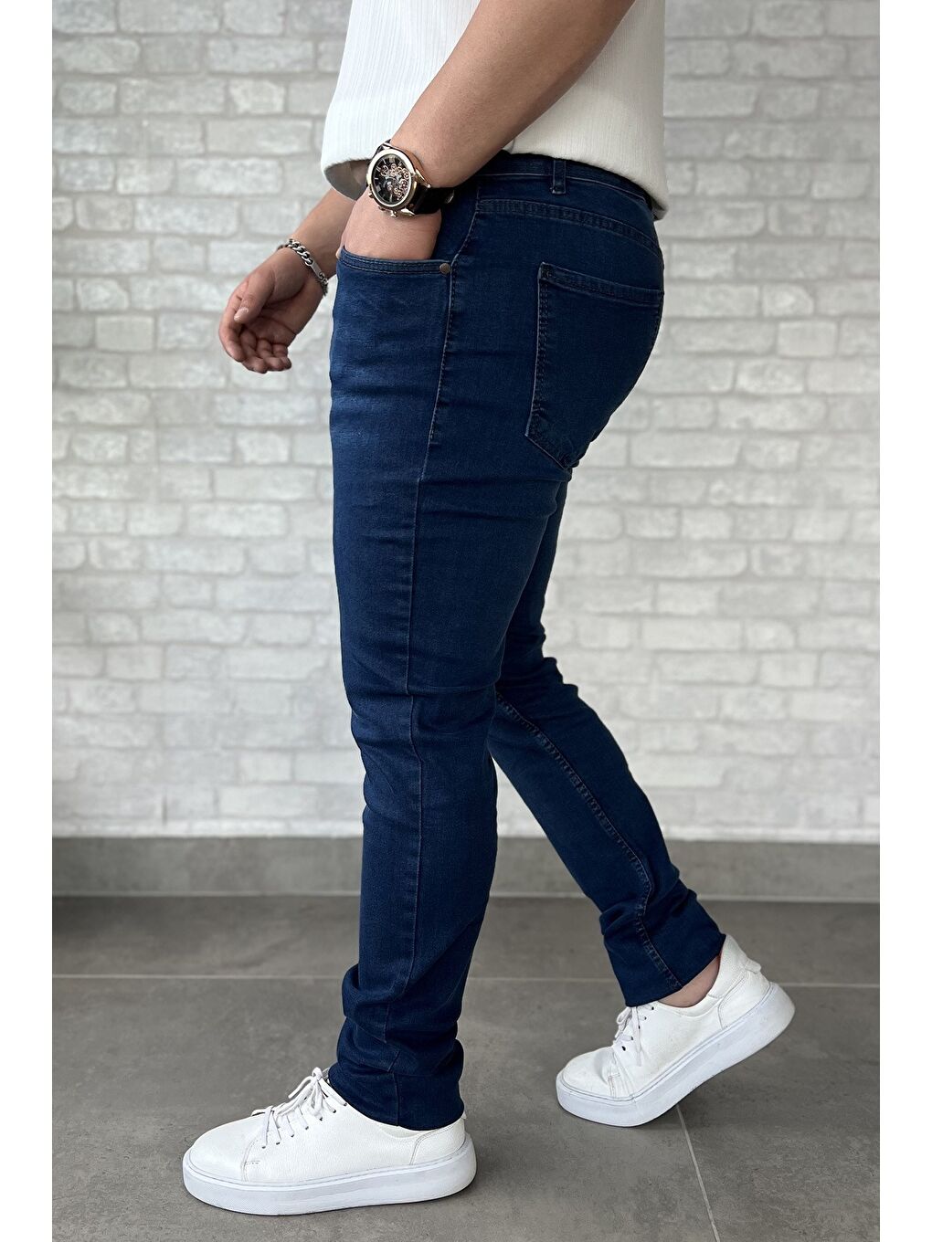 Lacivert Erkek Fermuarlı Elastanlı Jean Pantolon-1