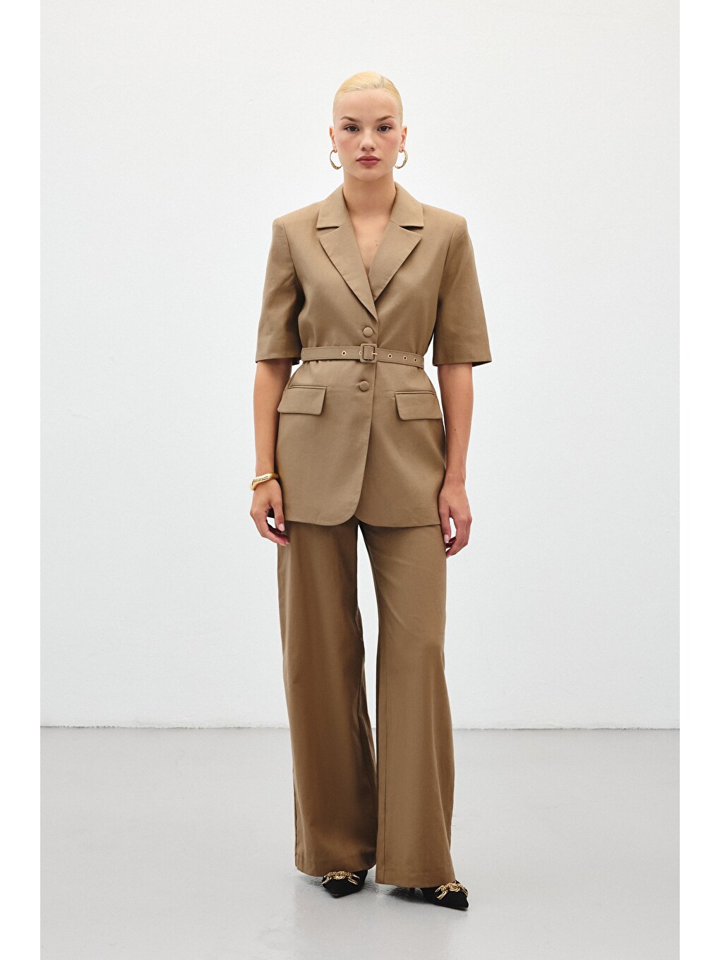 Kahverengi Bol Paça Keten Pantolon - Camel-1