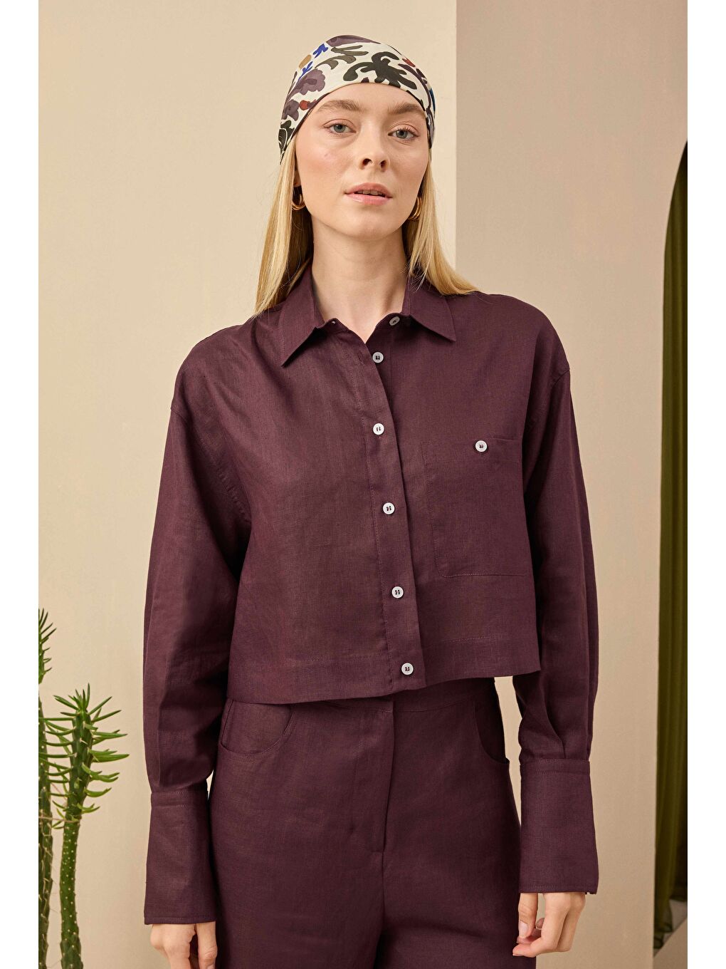 Keten Crop Gömlek Bordo-1