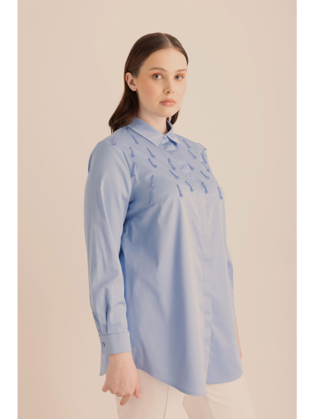 Mavi İşlemeli Pamuk Gömlek-3