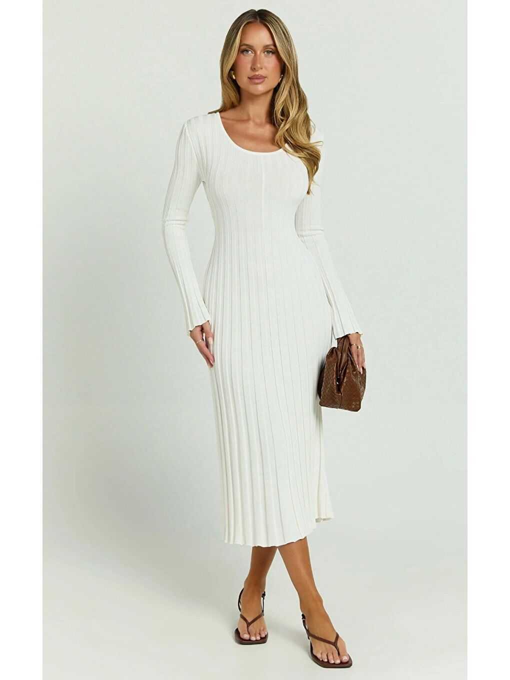 Beyaz Vücuda Oturan Fitilli Triko Midi Kadın Elbise Mg2691-4