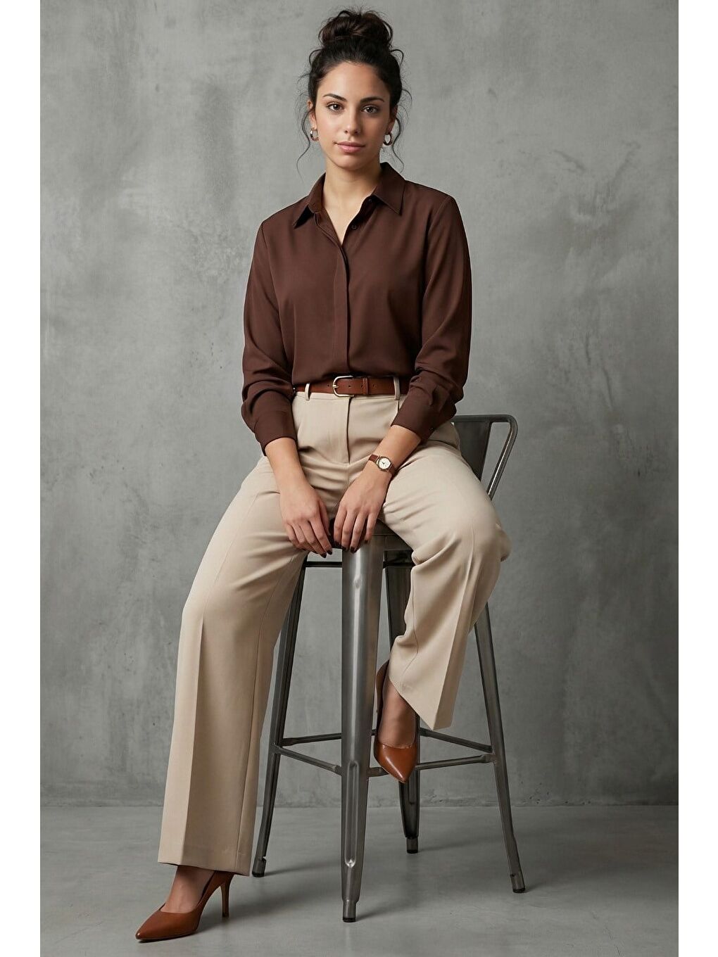 Kahverengi Modern Kesim Kadın Gömlek Mg2674-1