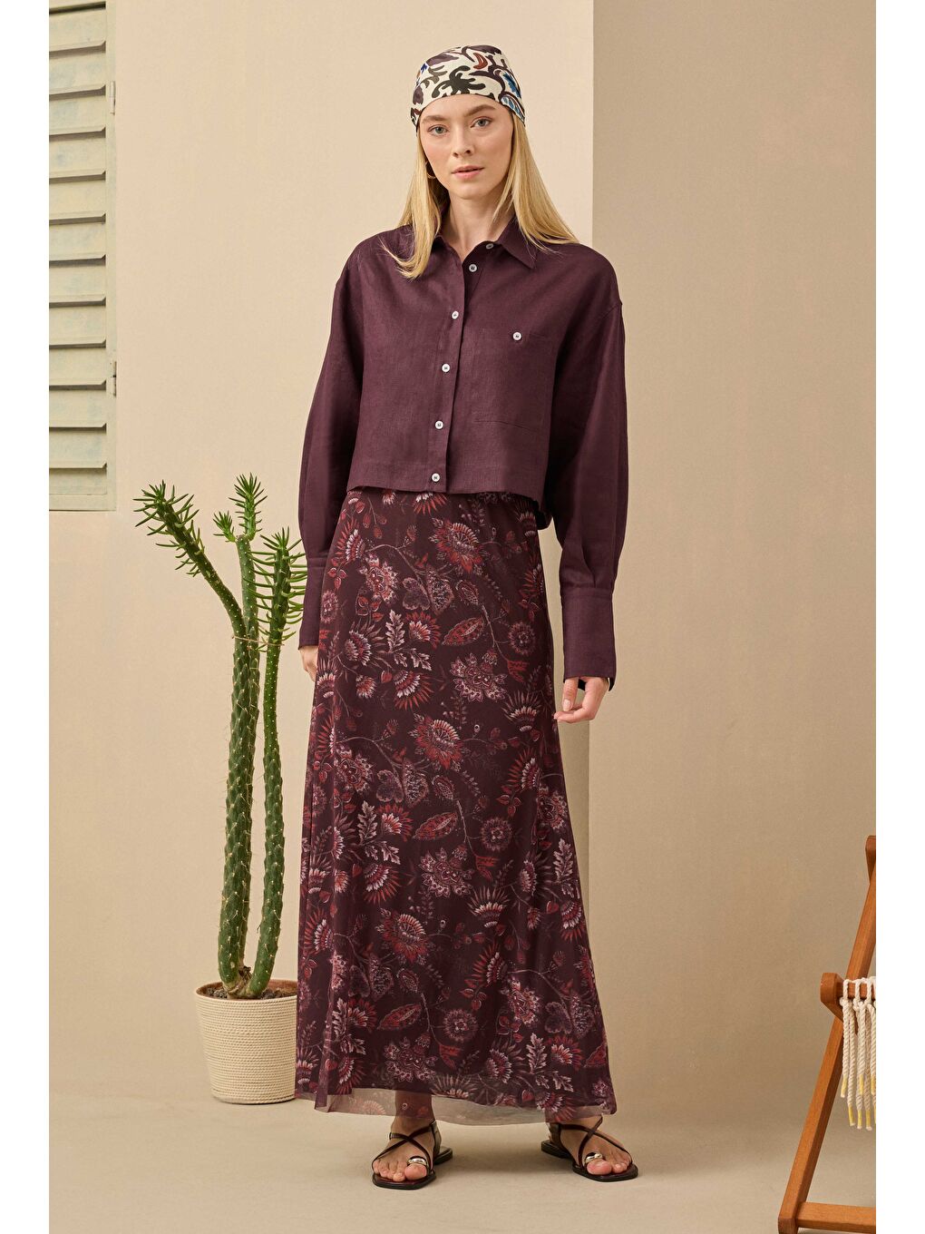 Keten Crop Gömlek Bordo-3