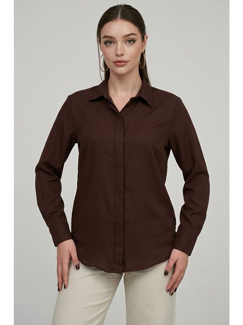 Kahverengi Modern Kesim Kadın Gömlek Mg2674-2