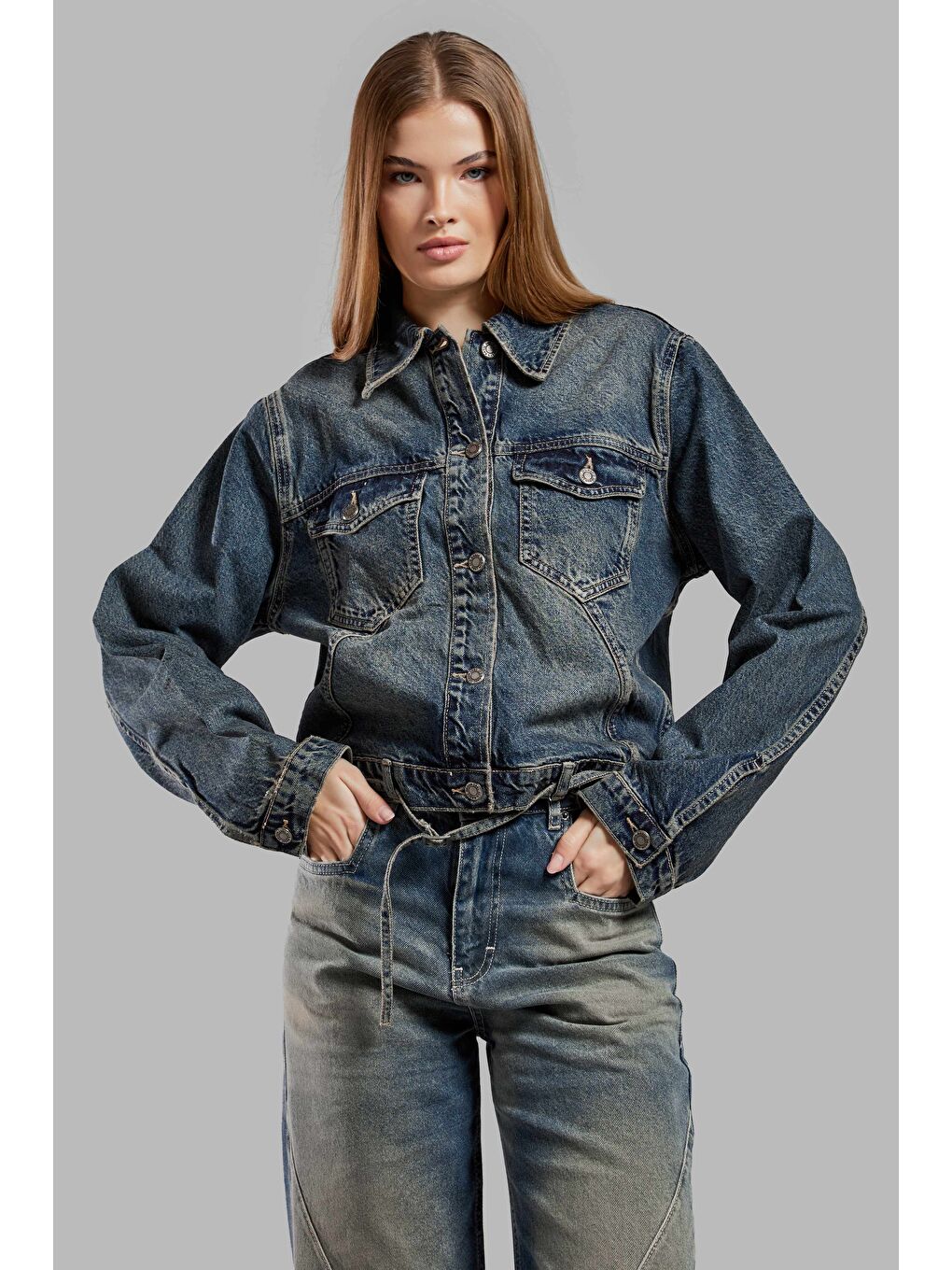 It's Basic Mavi Kadın T Jean Rengi 2w48 Bol Kesim Crop Denim Ceket