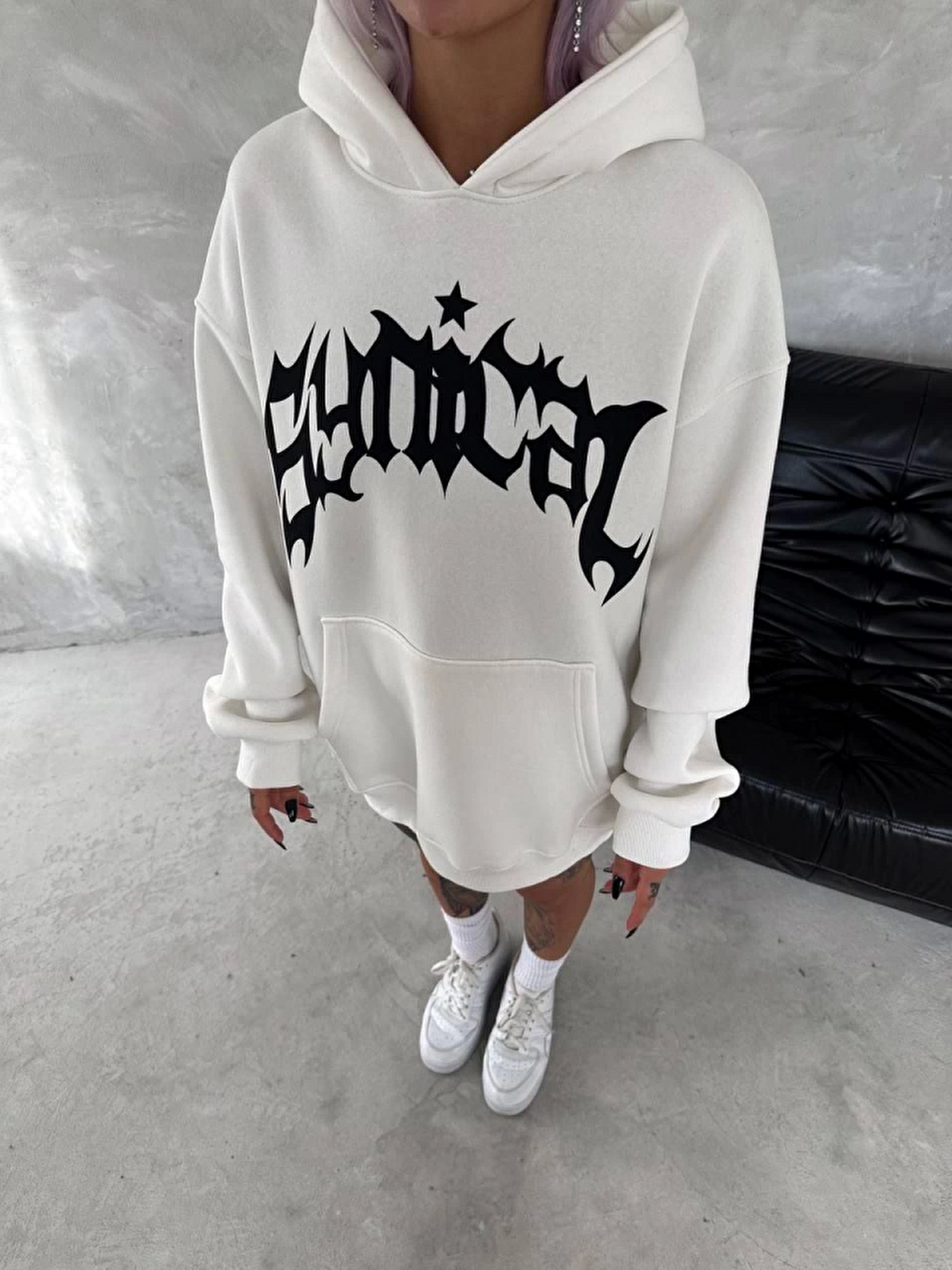 Unisex Üç İplik Kapüşonlu Baskılı Sweatshirt - Beyaz-2