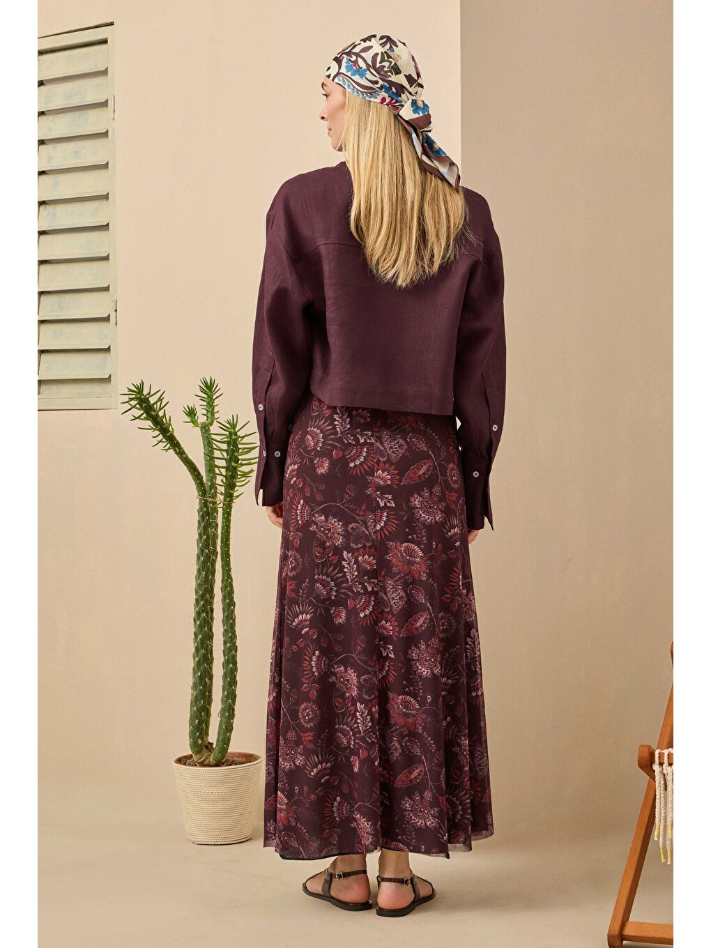 Keten Crop Gömlek Bordo-4