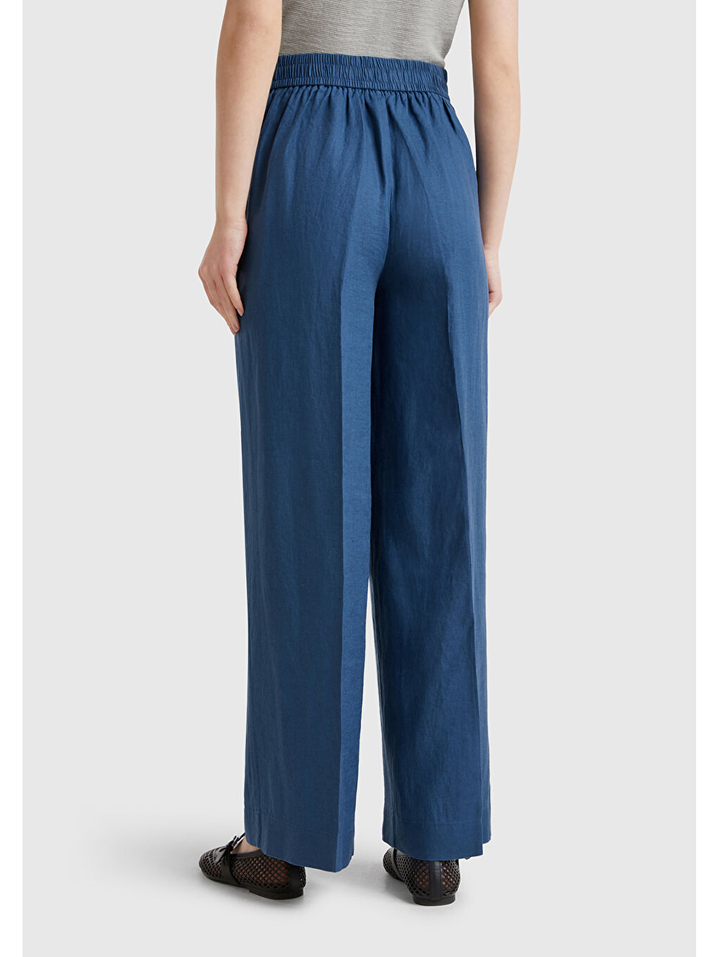 Mavi Kadın Denim %100 Keten Yan Cepli Arka Beli Lastikli Palazzo Pantolon-2