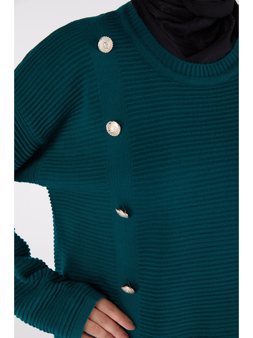 Yeşil Fitilli Düğmeli Triko Kazak Zumrut - 27636-5