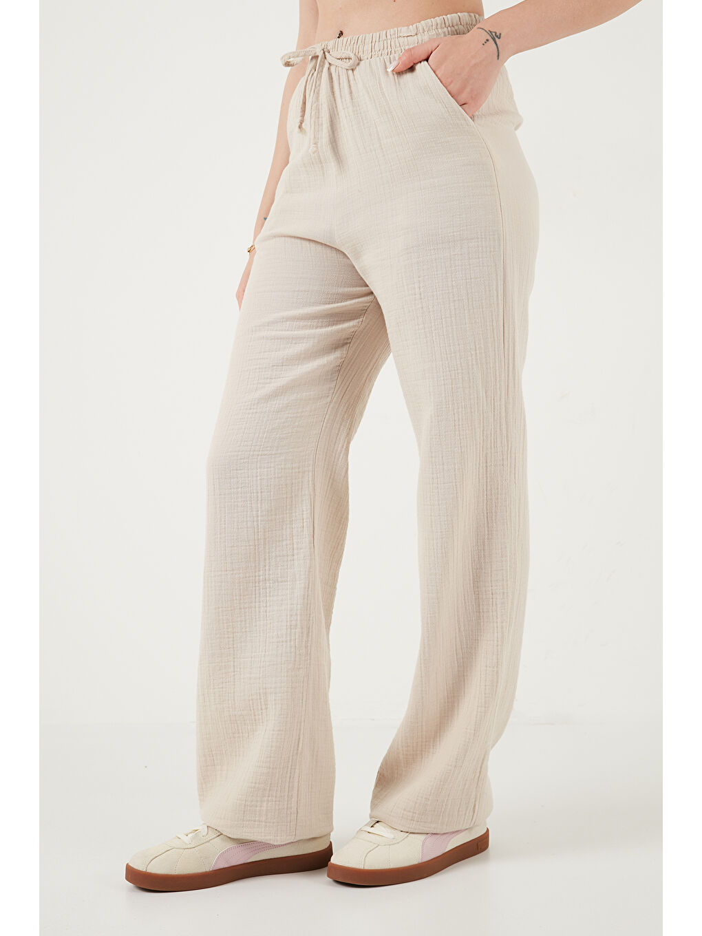 Bej Pamuklu Bağlamalı Relaxed Fit Yüksek Bel Geniş Paça Kadın Müslim Pantolon 5866663-5